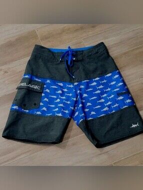 Pelagic Board Shorts Swim Blue Ocean Fish Shark Ridgemont EUC 27 youth Age 16-18